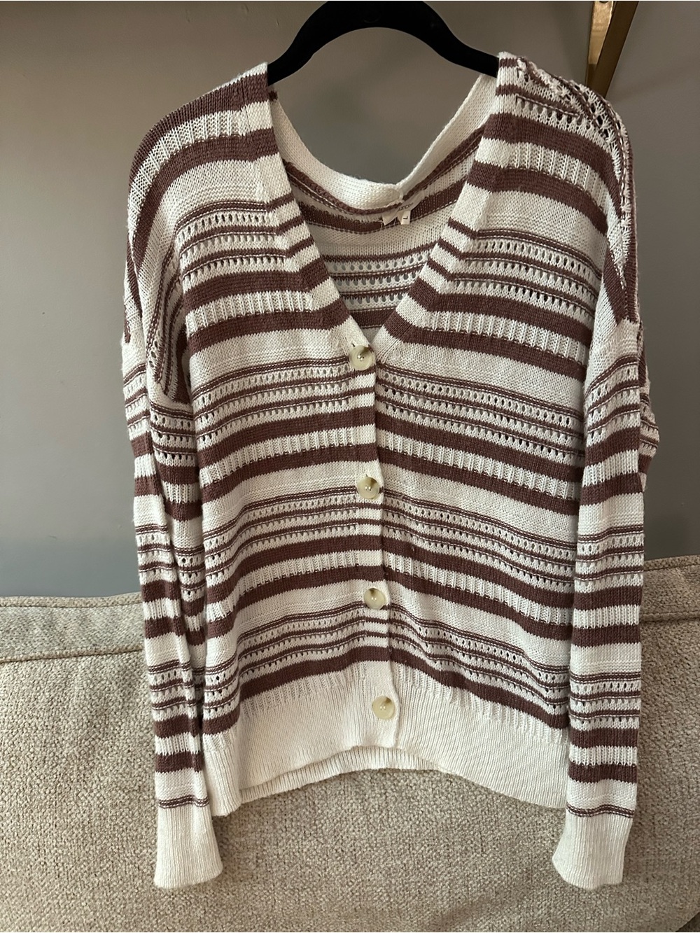 Maurices Cream & Brown Striped V-Neck Button Cardigan